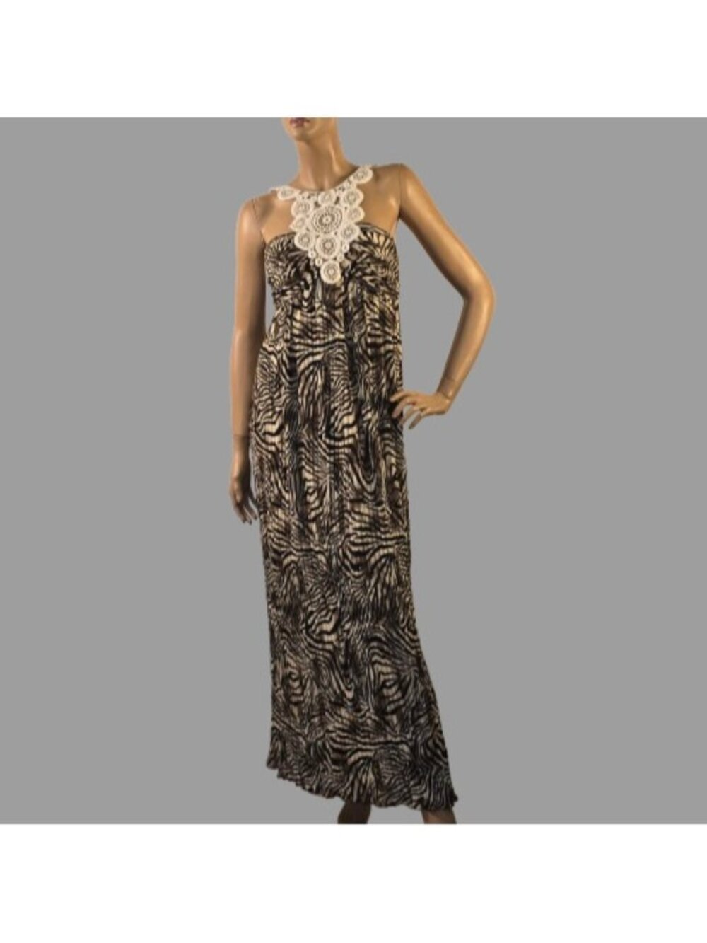 Muse for Boston Proper Maxi Dress Pleated Crochet Zebra Print Women Sz 4